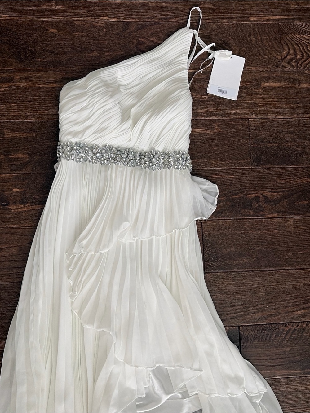 Mac Duggal White One-Shoulder High-Low Ruffle Dress with Beaded Waist